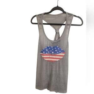 Gray Tank Top with American Flag Lips